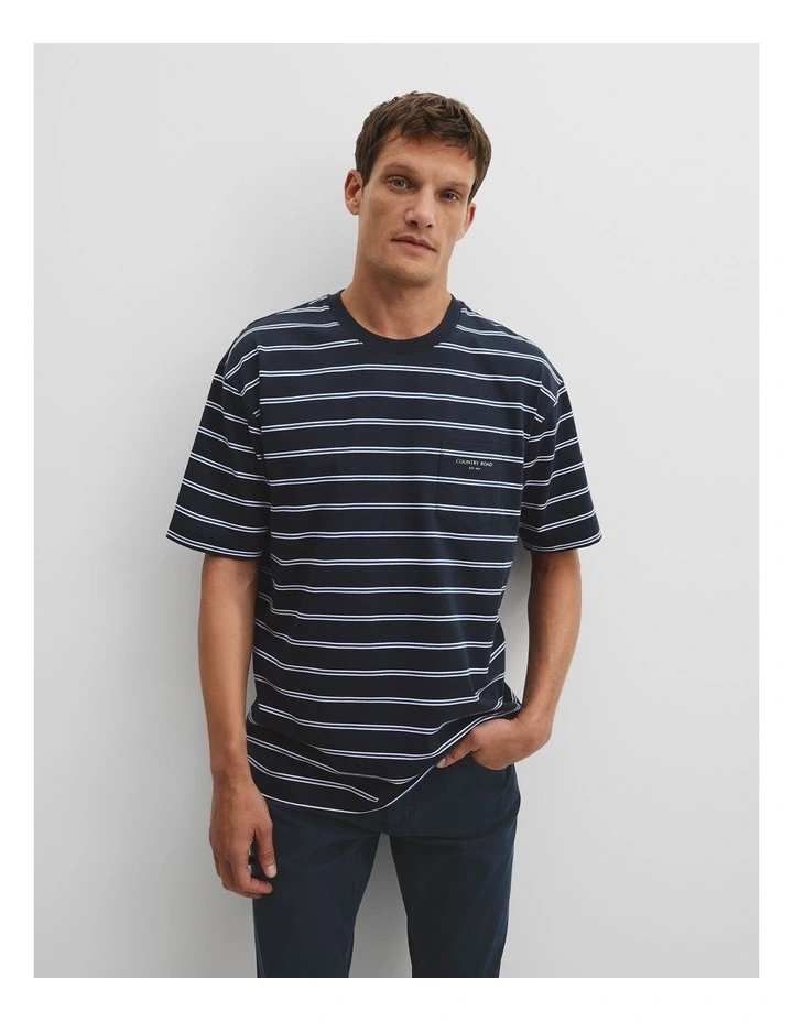 Australian Cotton Oversized Stripe Pocket T-Shirt in Navy Multi image 2