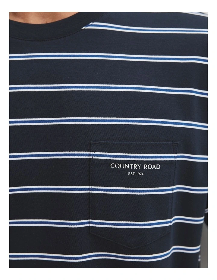 Australian Cotton Oversized Stripe Pocket T-Shirt in Navy Multi image 3