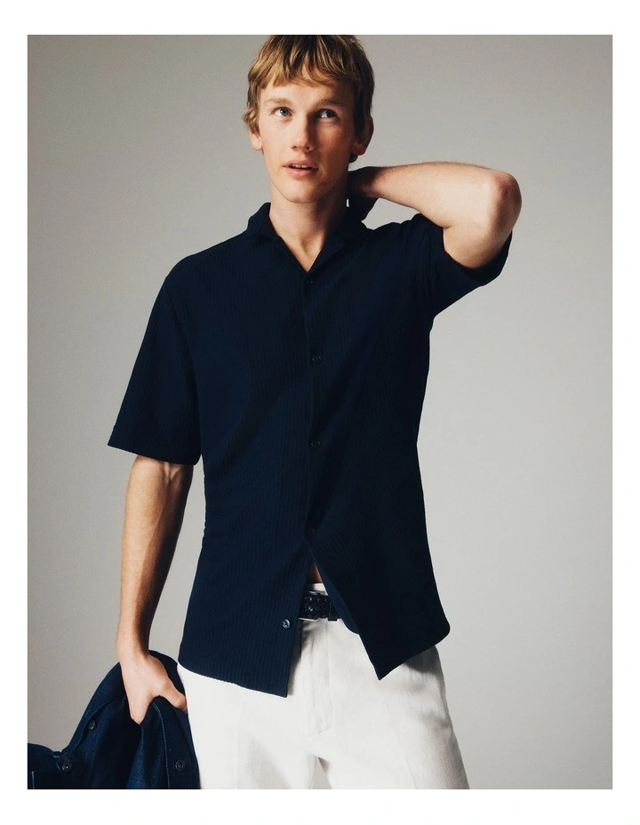 Short Sleeve Cotton Textured Shirt in Navy image 2