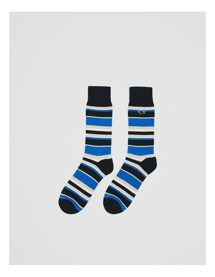 Australian Cotton Blend CR Classic Logo Striped Crew Sock in Ultra Marine image 1