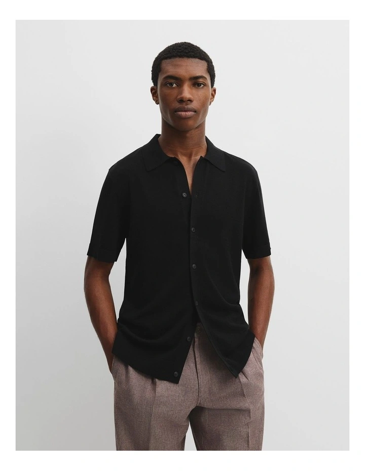 Cotton Silk Button-through Knit Shirt in Black image 1