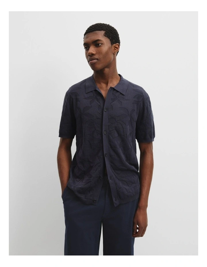 Cotton Jacquard Knit Shirt in Navy image 1
