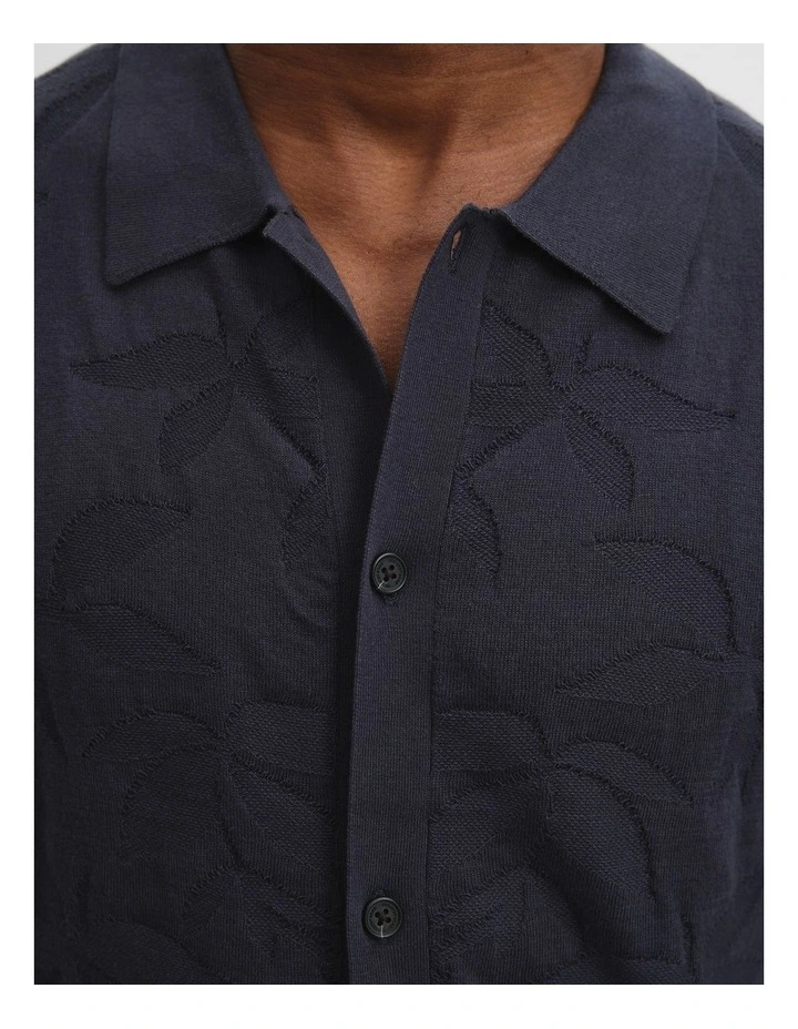 Cotton Jacquard Knit Shirt in Navy image 3