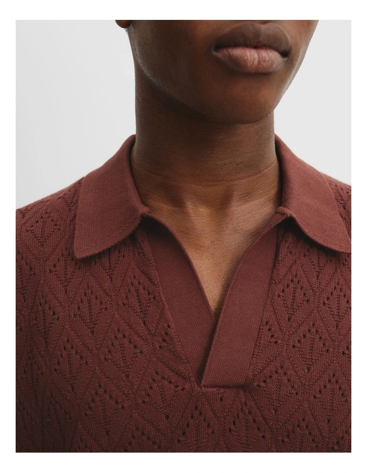 Cotton Oversized Pattern Knit Polo in Burgundy image 3