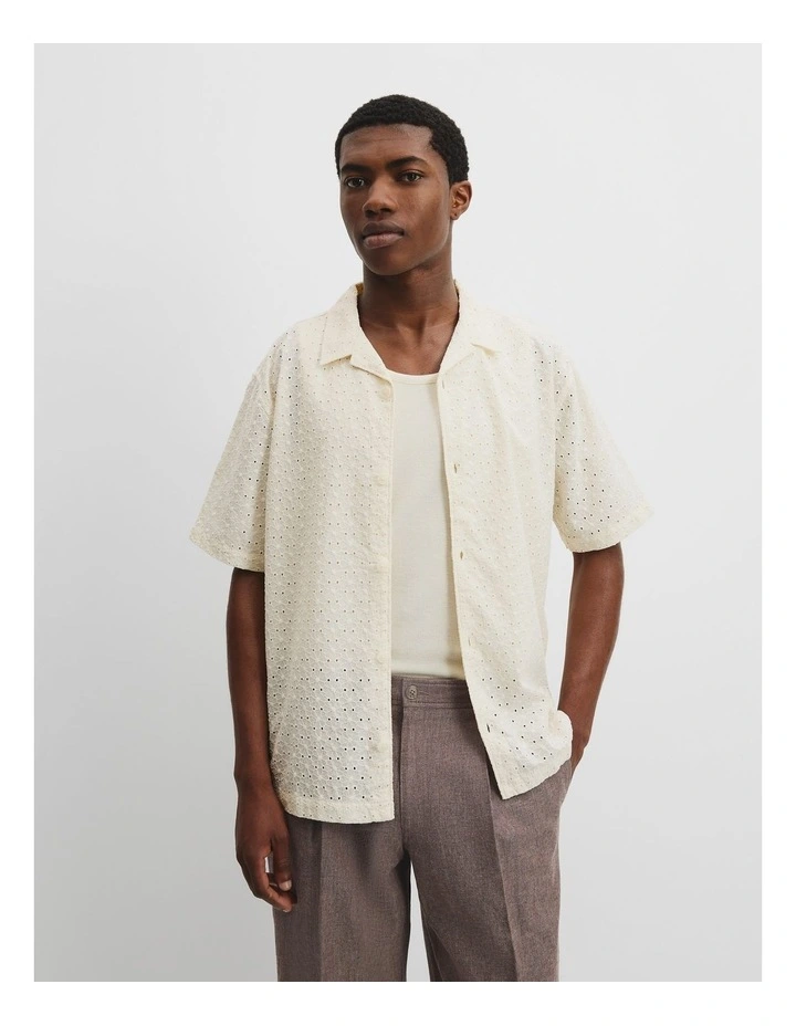Short Sleeve Cotton Embroidered Shirt in Ecru image 1