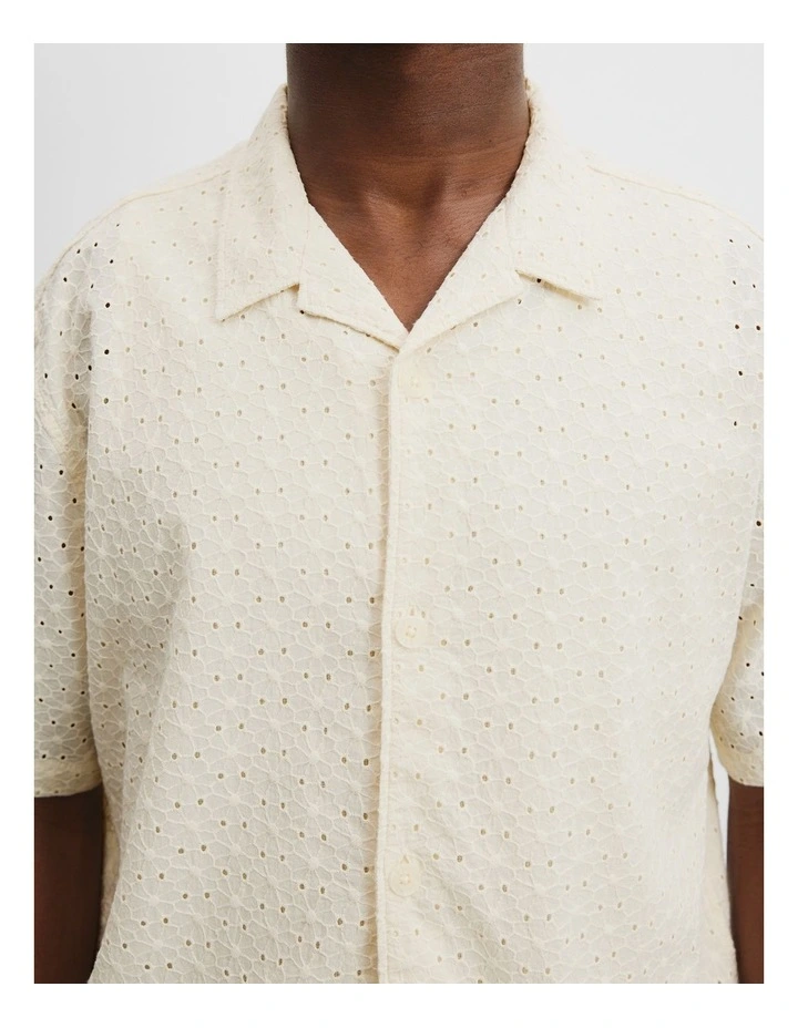 Short Sleeve Cotton Embroidered Shirt in Ecru image 3