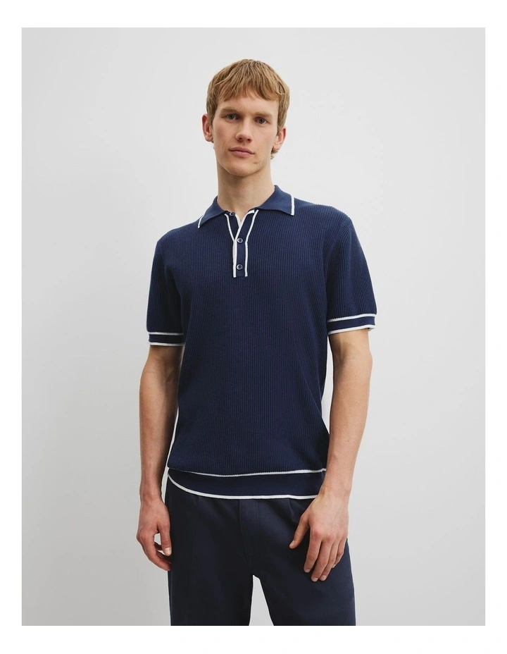 Australian Cotton Blend Tipped Knit Polo in Indigo image 1