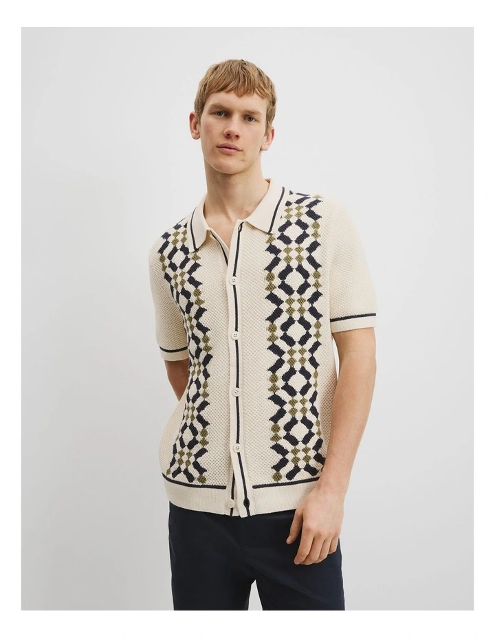 Oversized Cotton Tile Knit Shirt in Ecru image 1