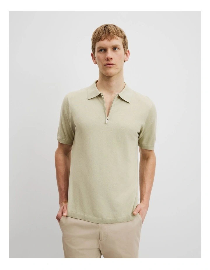 Cotton Silk Zip Knit Polo in Pistachio image 1