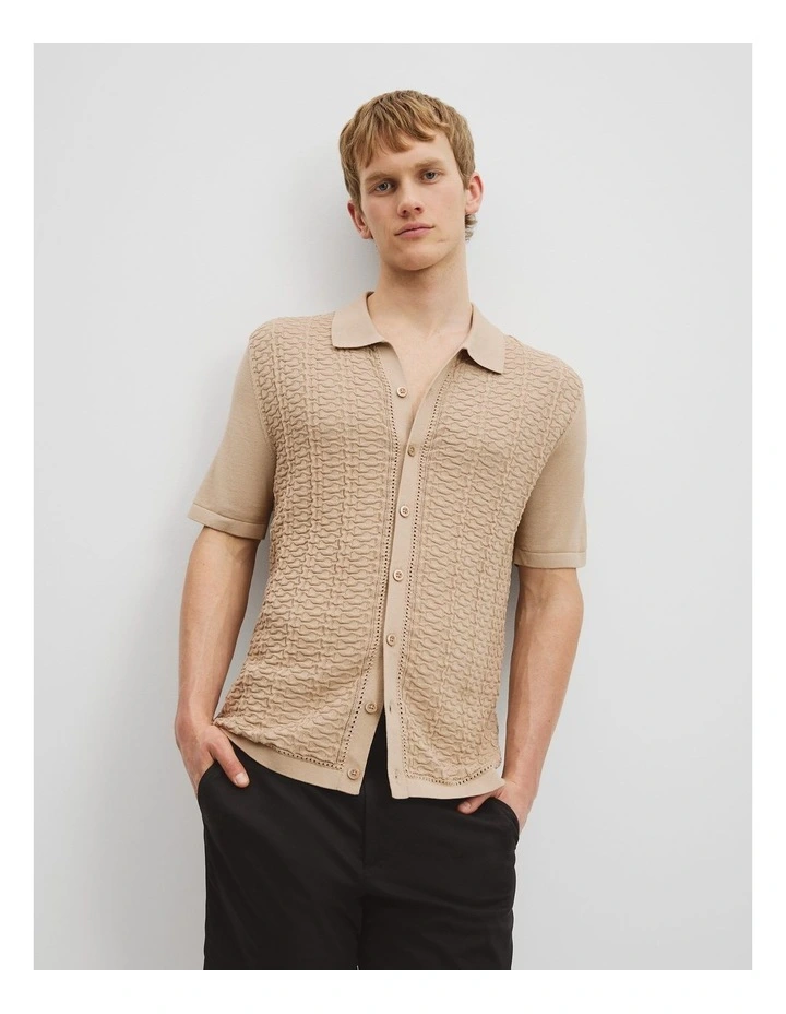 Cotton Silk Textured Knit Shirt in Caramel image 1