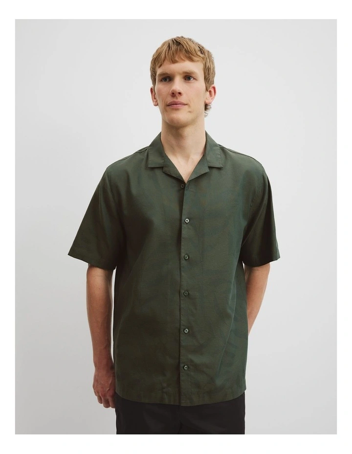 Cotton Short Sleeve Revere Jacquard Shirt in Dark Green image 1
