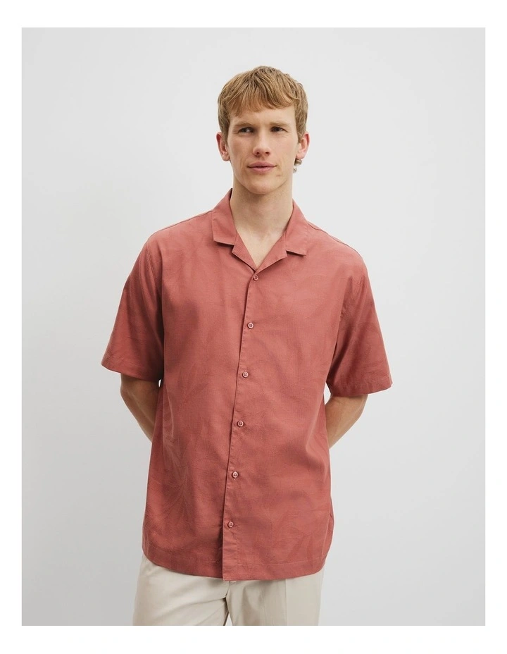 Cotton Short Sleeve Revere Jacquard Shirt in Redwood image 3