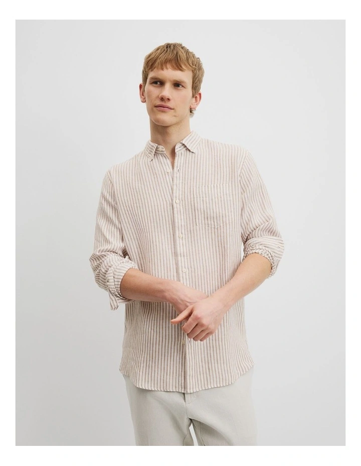 Regular Fit Organically Grown Linen Stripe Shirt in Oak Marle image 1