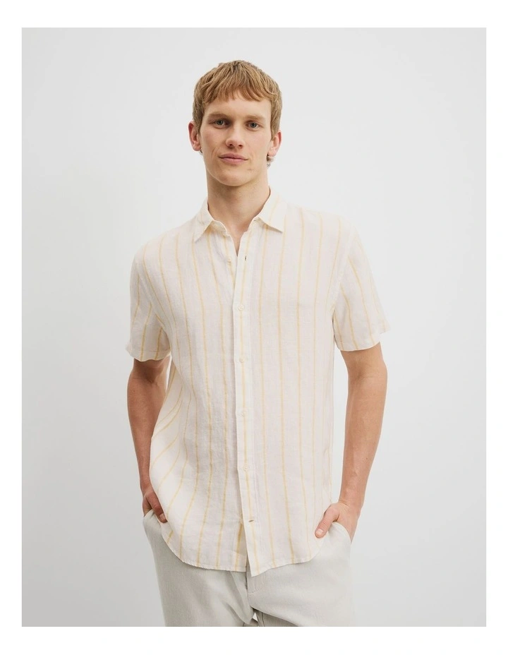 Regular Fit Stripe Organically Grown Linen Short Sleeve Shirt in Pineapple image 1