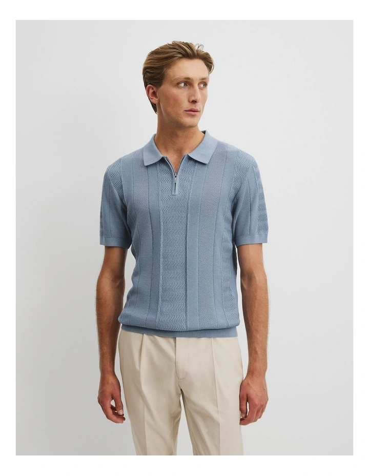 Cotton Silk Multi Textured Polo in Denim Blue image 1