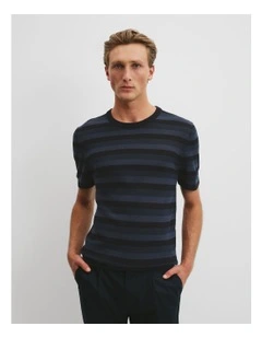 Linen Blend Stretch Knit T-shirt in Navy