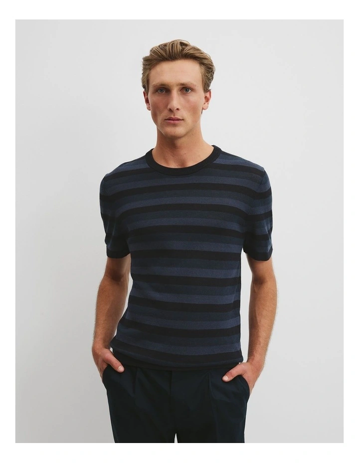 Linen Blend Stretch Knit T-shirt in Navy image 1