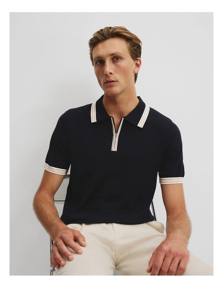 Cotton Silk Tipped Zip Knit Polo in Navy Multi image 1