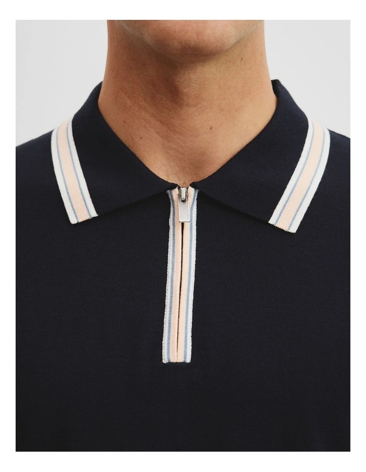 Cotton Silk Tipped Zip Knit Polo in Navy Multi image 2