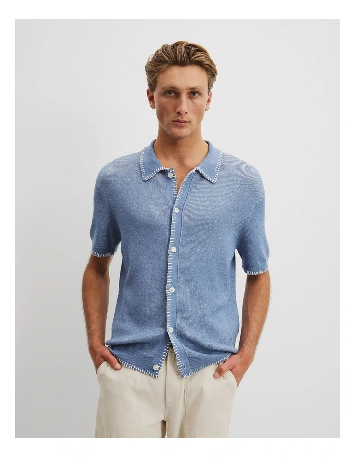 Linen Blend Stripe Knit Shirt in Sky image 2
