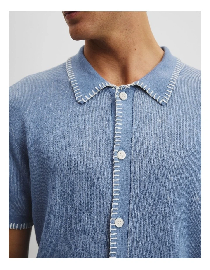 Linen Blend Stripe Knit Shirt in Sky image 3