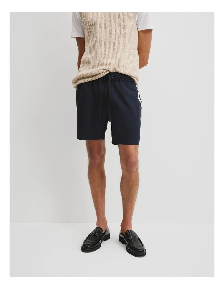 Cotton Linen Tape Detail Short in Navy image 2