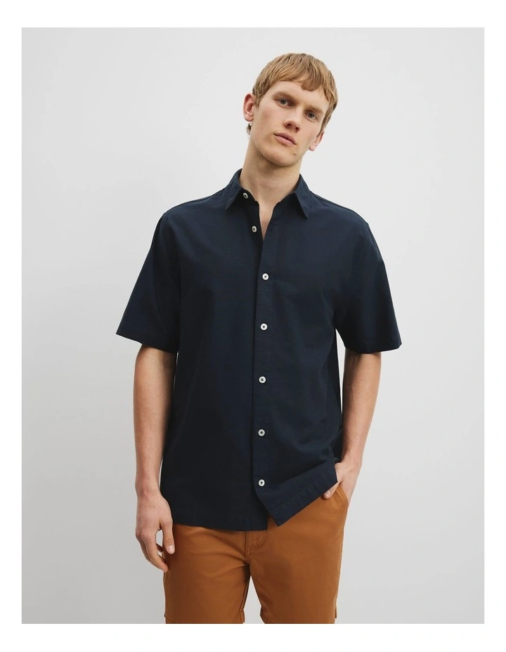 Relaxed Fit Cotton Short Sleeve Oxford Shirt in Navy image 1