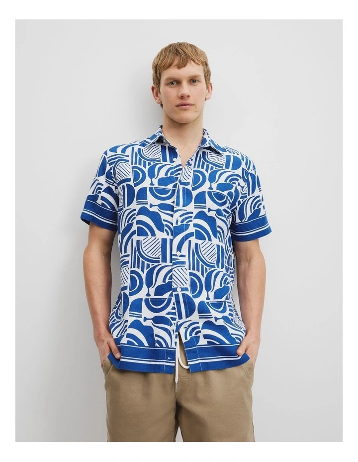 Organically Grown Linen Short Sleeve Abstract Border Shirt in Ultra Marine image 1