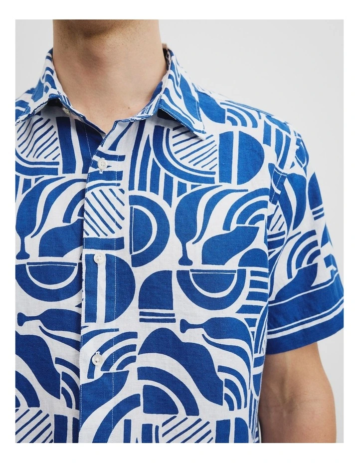 Organically Grown Linen Short Sleeve Abstract Border Shirt in Ultra Marine image 2
