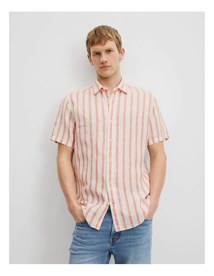 Regular Fit Organically Grown Linen Short Sleeve Stripe Shirt in Marmalade image 1