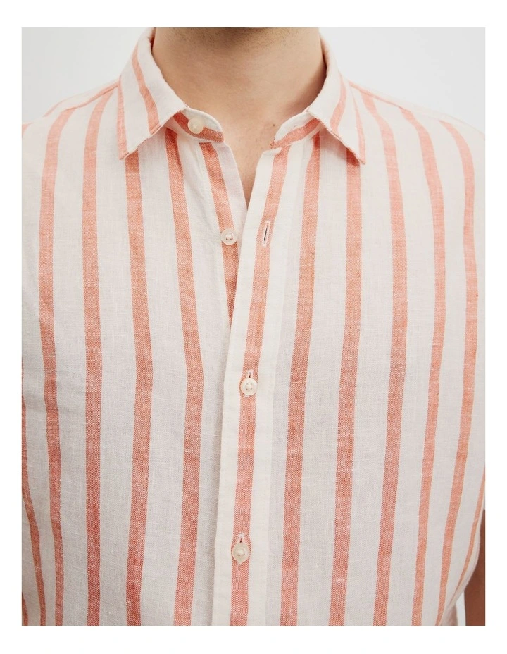 Regular Fit Organically Grown Linen Short Sleeve Stripe Shirt in Marmalade image 2