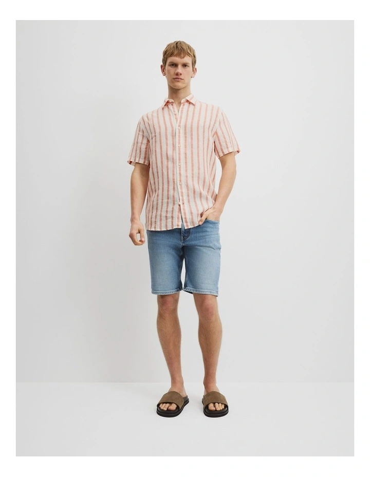 Regular Fit Organically Grown Linen Short Sleeve Stripe Shirt in Marmalade image 3