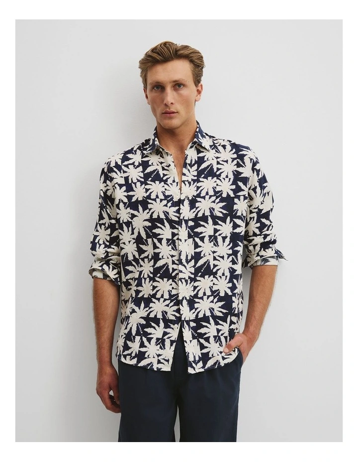 Regular Fit Organically Grown Linen Palm T-Shirt in Navy image 1