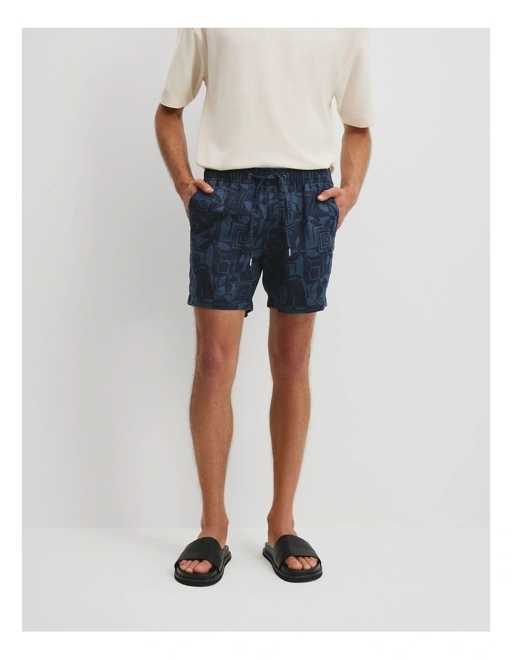 Organically Grown Linen 6'' Print Drawcord Short in Denim Blue image 2