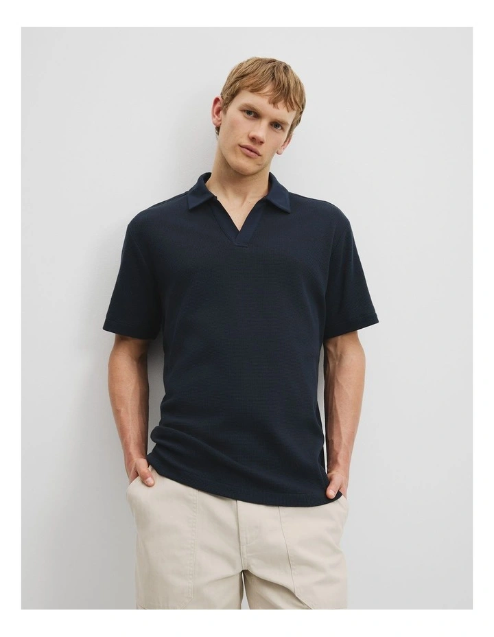 Australian Cotton Relaxed Waffle Polo in Navy image 1
