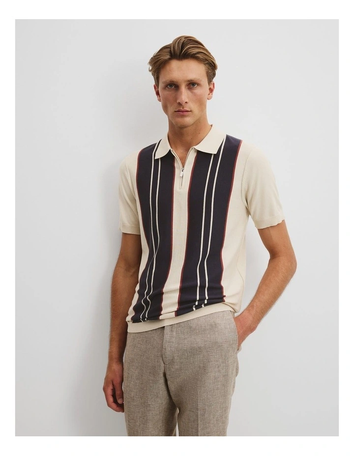 Cotton Silk Panel Zip Polo in Navy Multi image 1