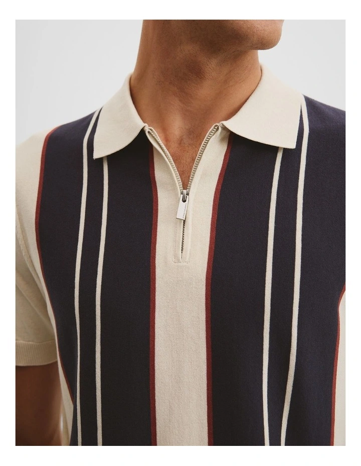 Cotton Silk Panel Zip Polo in Navy Multi image 2