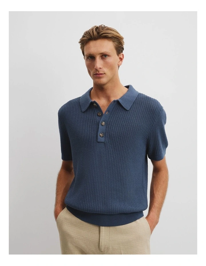 Australian Cotton Oversized Textured Knit Polo in Indigo image 1