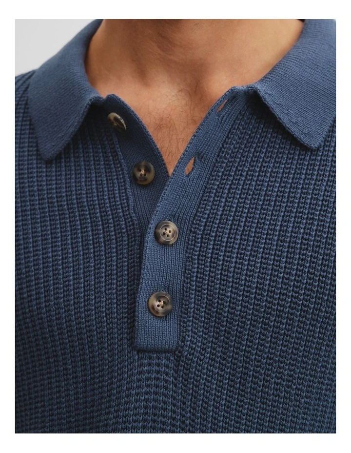 Australian Cotton Oversized Textured Knit Polo in Indigo image 2
