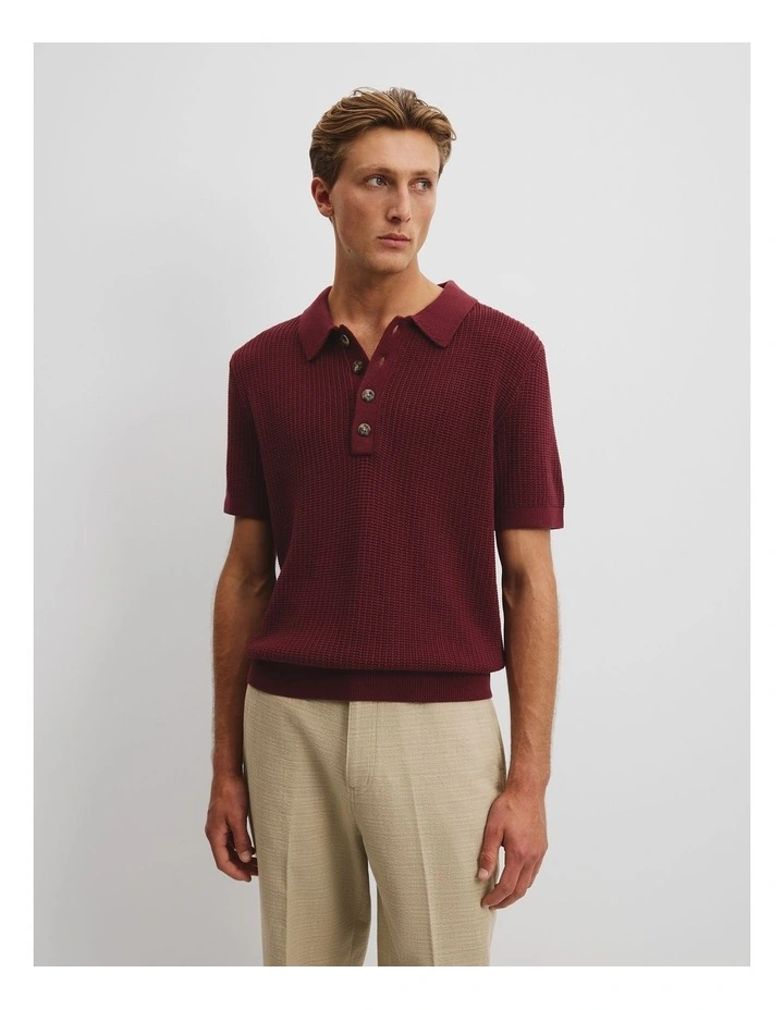 Australian Cotton Oversized Textured Knit Polo in Sangria image 1