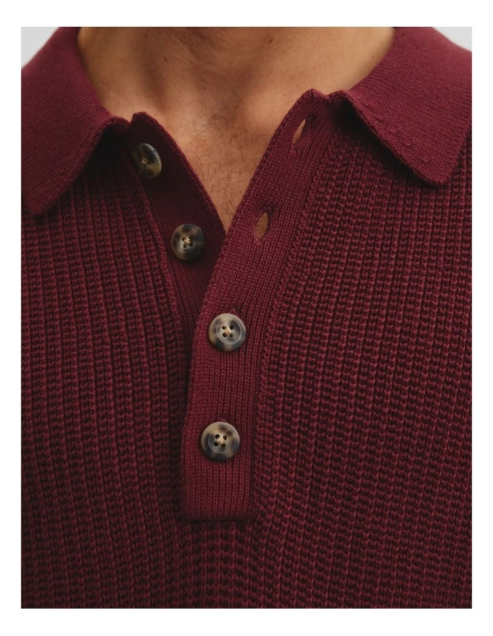 Australian Cotton Oversized Textured Knit Polo in Sangria image 2
