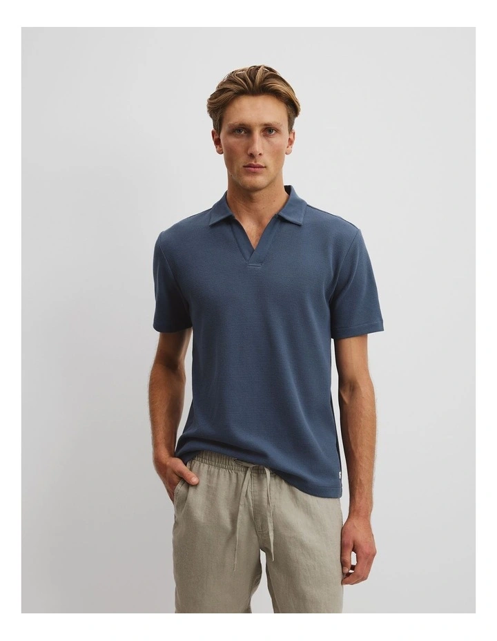 Australian Cotton Relaxed Waffle Polo in Denim Blue image 2