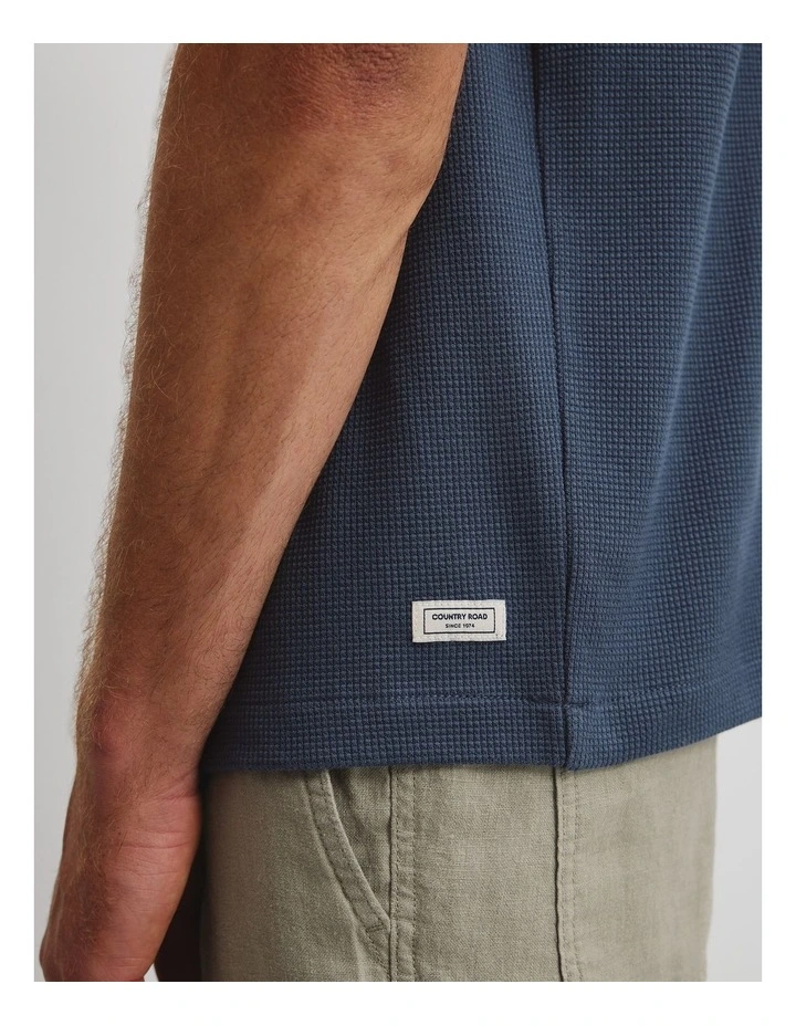 Australian Cotton Relaxed Waffle Polo in Denim Blue image 3