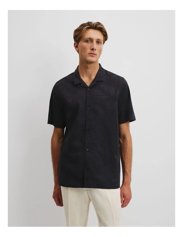Short Sleeve Revere Palm Jacquard Shirt in Black image 1