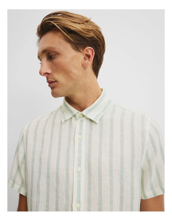 Regular Fit Organically Grown Linen Stripe Shirt in Sage image 3