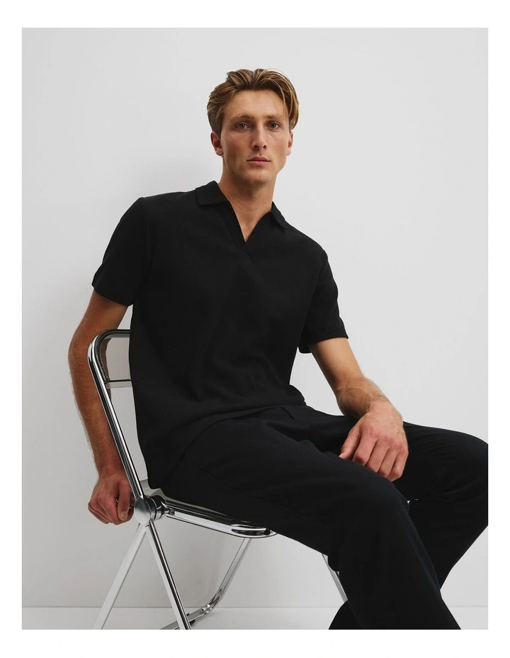 Australian Cotton Relaxed Waffle Polo in Black image 3