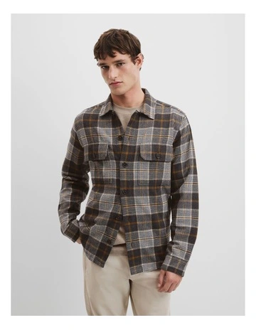 Cotton Check Oversized Shirt in Dark Stone