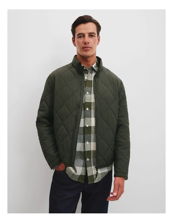 Polyester Funnel Neck Quilted Jacket in Olive Green image 1