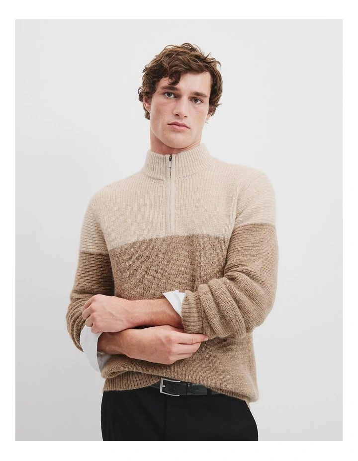 Alpaca Wool Blend Half Zip Neck Knit in Camel Multi image 1