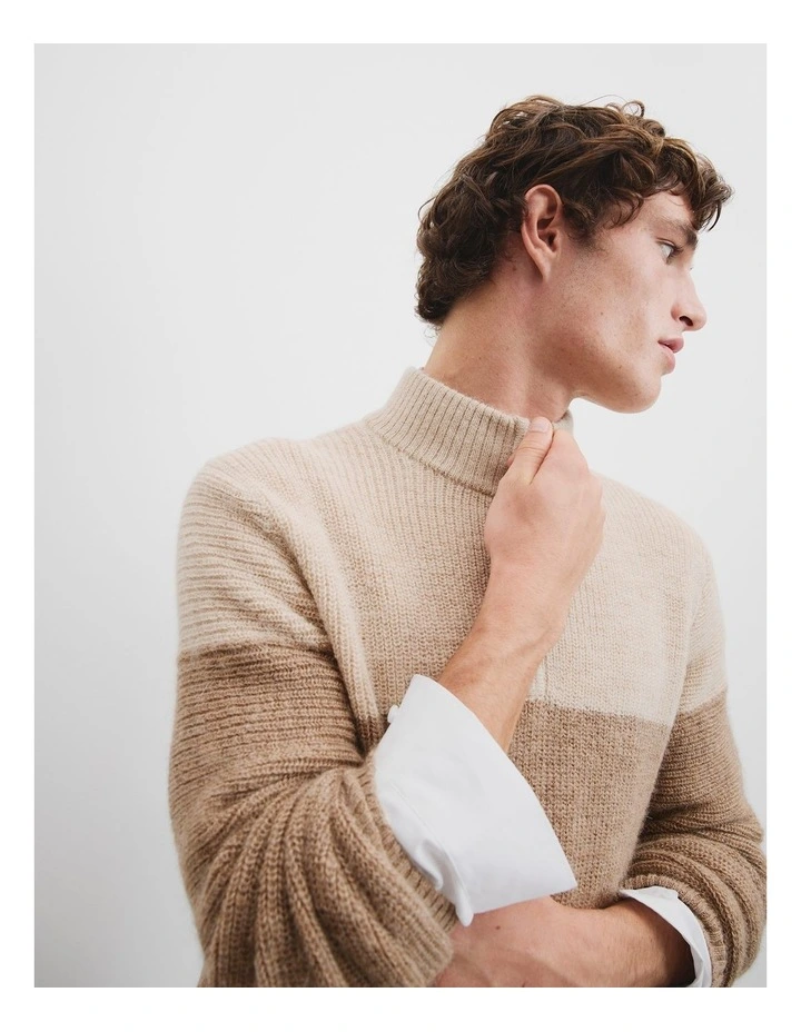 Alpaca Wool Blend Half Zip Neck Knit in Camel Multi image 2